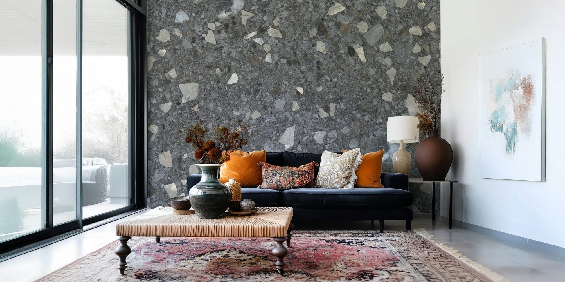 Moody Terrazzo Chips of Marble wallpaper. Silver accent specks.