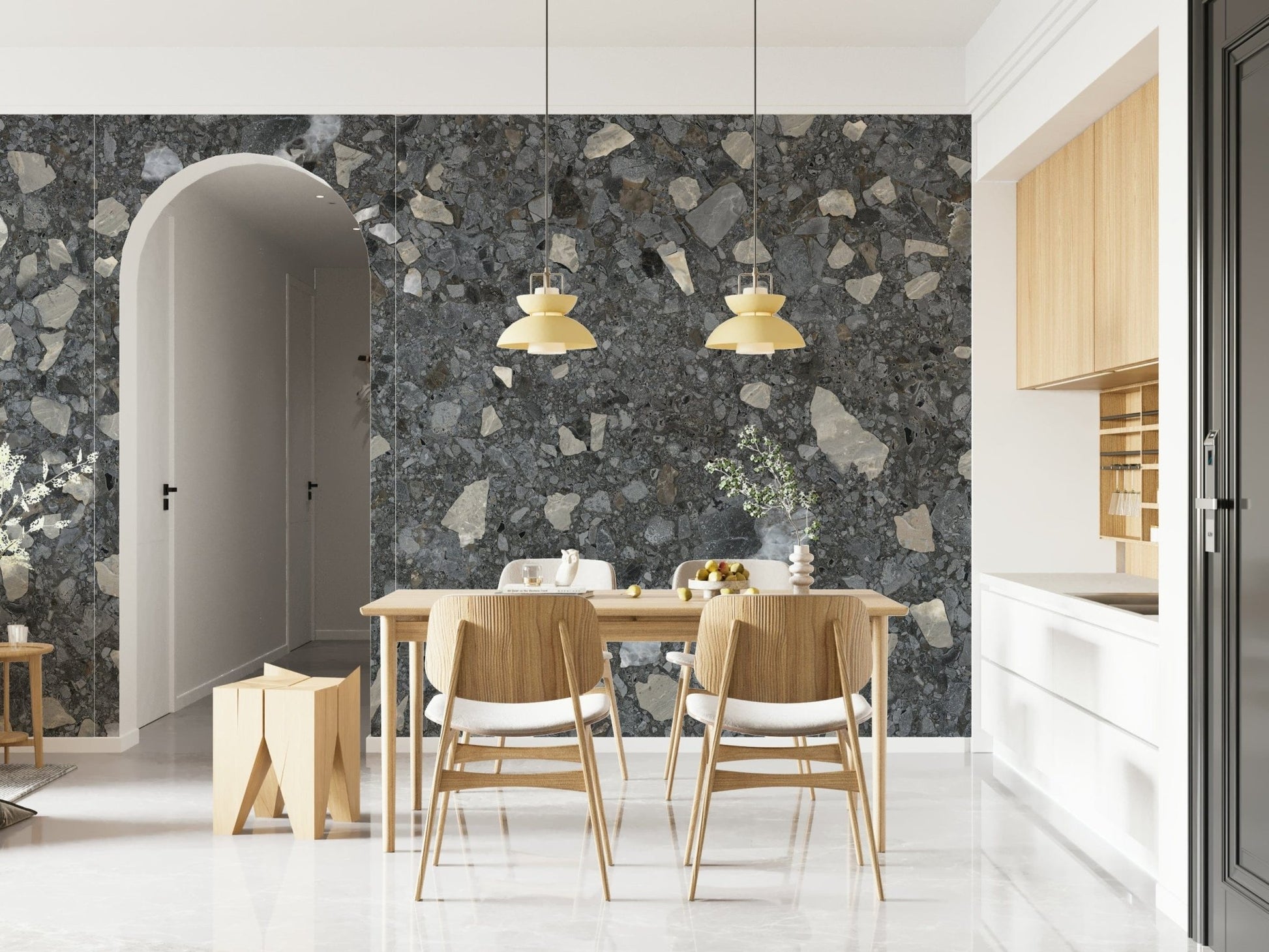Dense Terrazzo Chips of Marble wallpaper. Onyx color base.