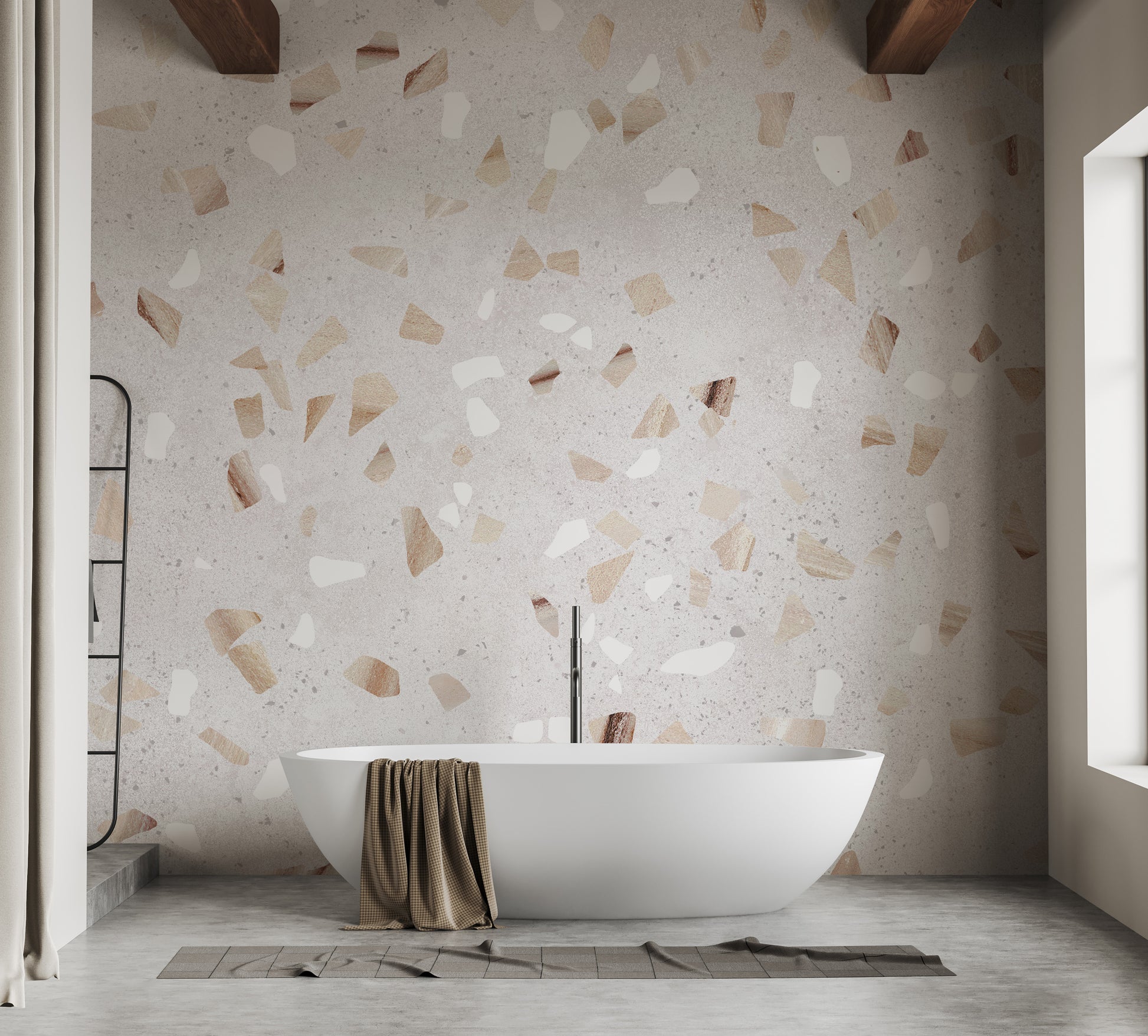 Terrazzo Marble Tile wallpaper mural in cream with beige and white chips behind a white freestanding bathtub