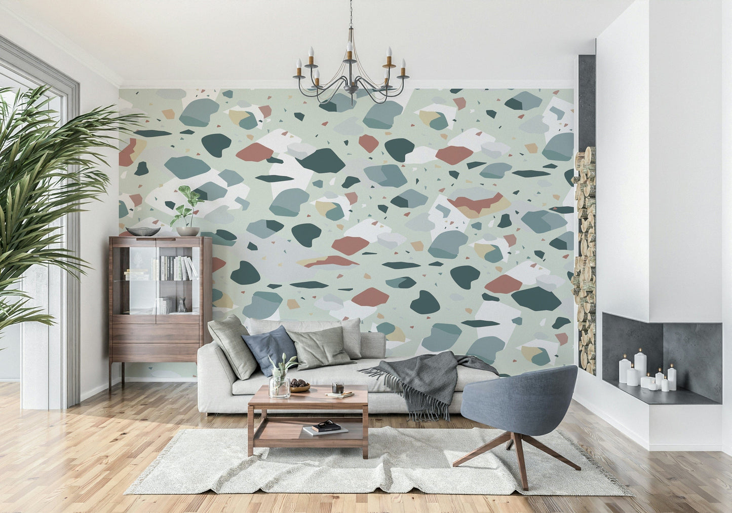 A peaceful speckled pattern mural on decorative wallpaper.