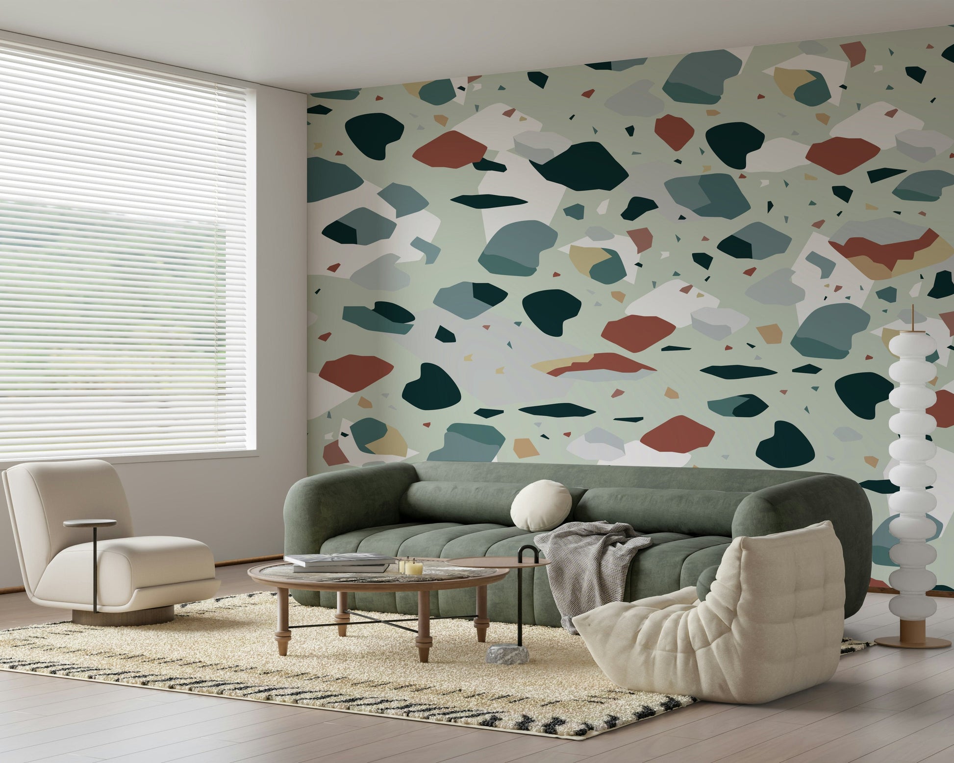 A graceful subtle geometric wall mural in cool, natural tones.