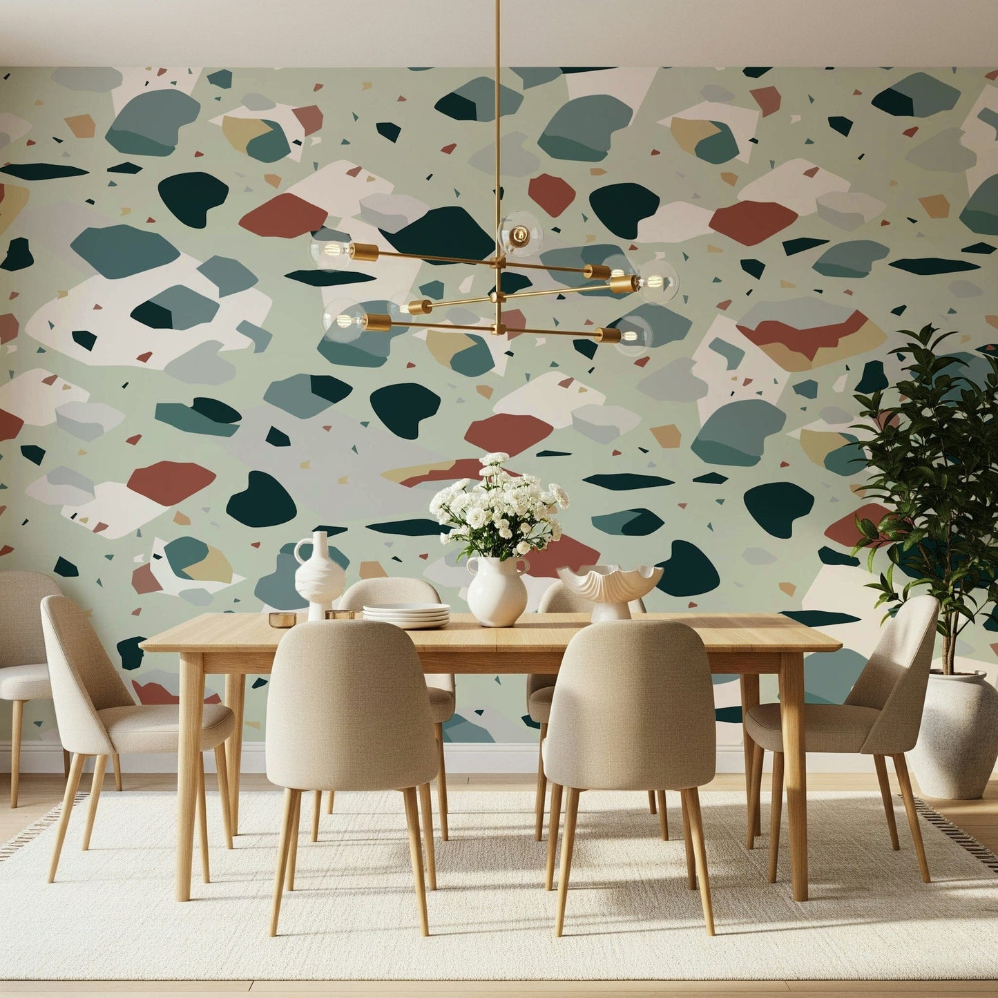 An artistic contemporary speckled mural on minimalist wallpaper.