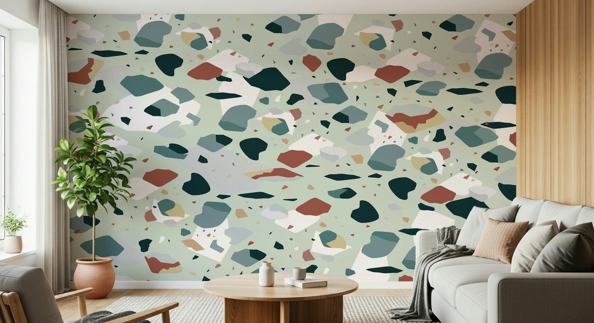 A beautiful modern terrazzo wallpaper mural with subtle pattern.
