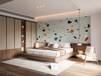 Earthy toned wall mural with terracotta and ochre fragments.