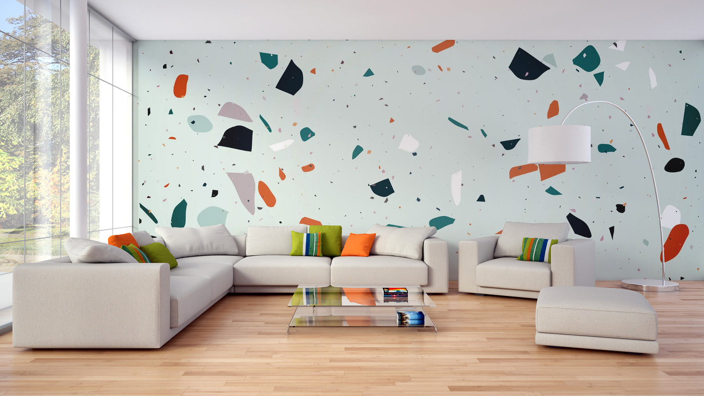 Modern mosaic wall mural featuring flecks of marble and quartz.