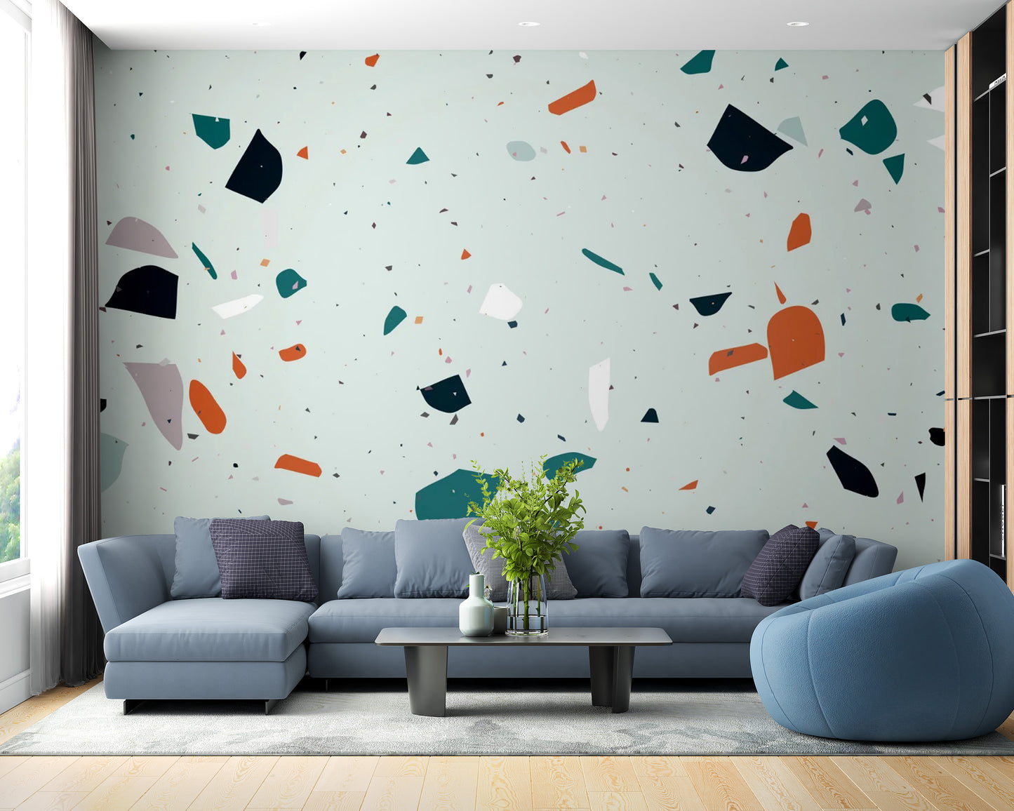 Colorful terrazzo tiles wallpaper mural with pastel stone chips.