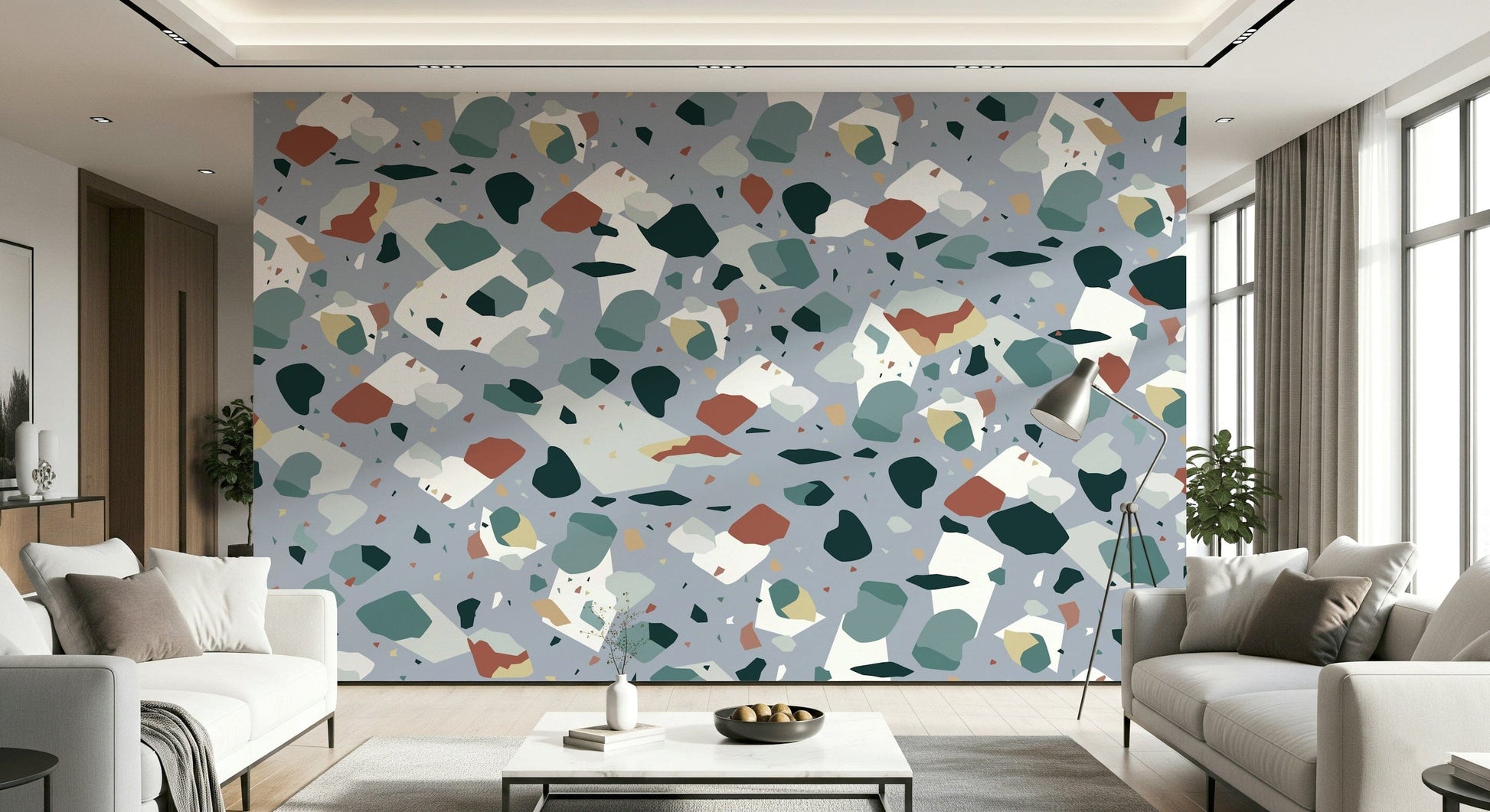 A calming abstract design wallpaper mural that defines a space.
