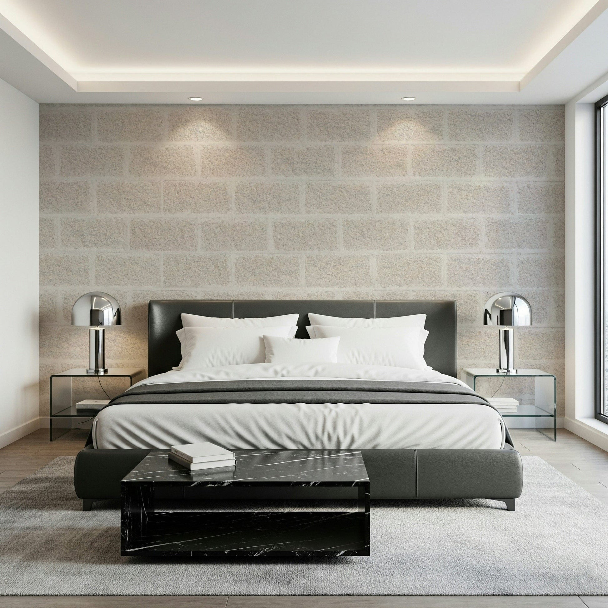 Neutral brick wall wallpaper featuring realistic texture and warm beige tones for modern, inviting interiors.