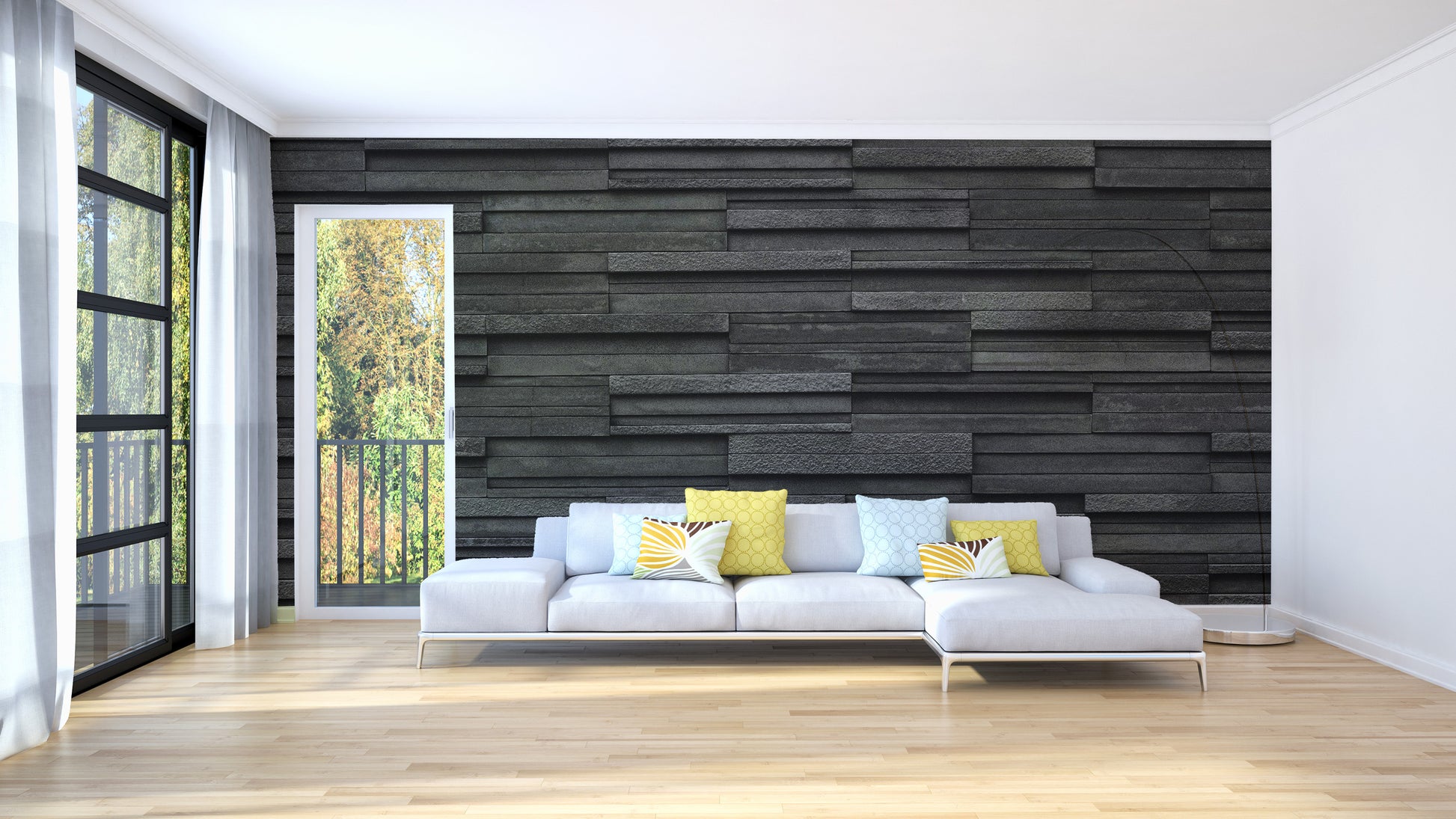 Detailed slate stone wallpaper mural for a bold and moody feature wall.