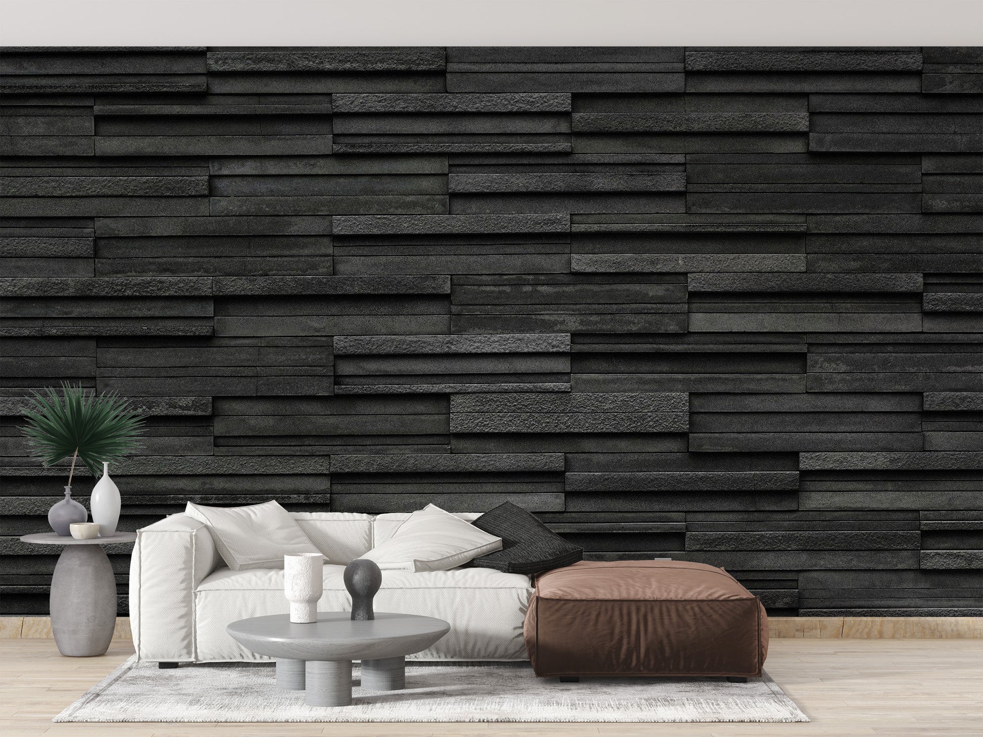 Industrial style wallpaper with deep black textured brick patterns.