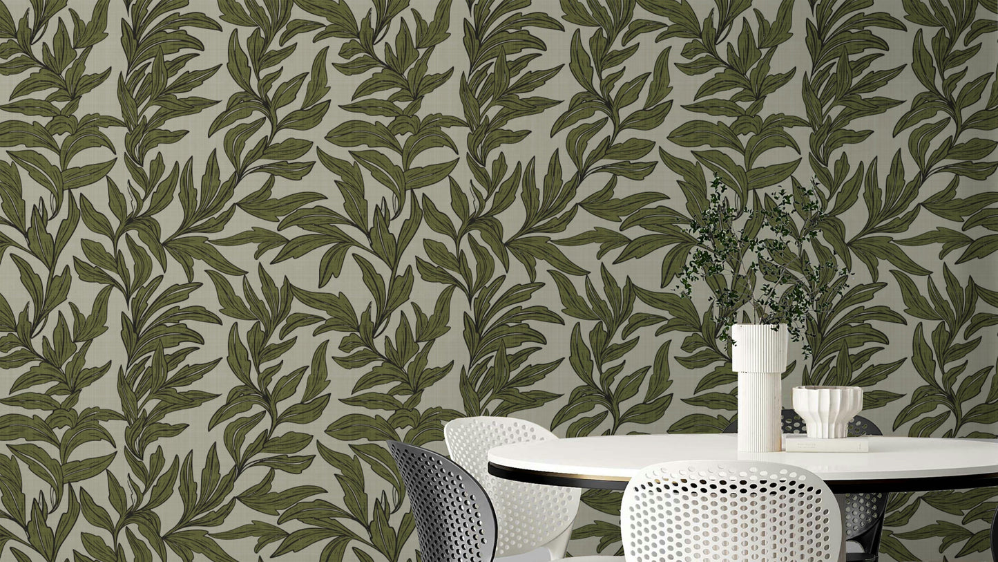 Nature-inspired wallpaper featuring raised leaf patterns

