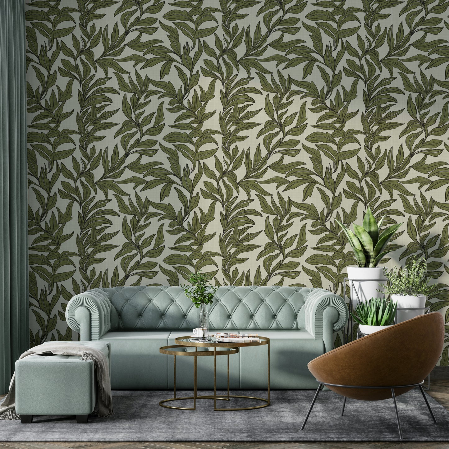 Textured wall mural with botanical elements

