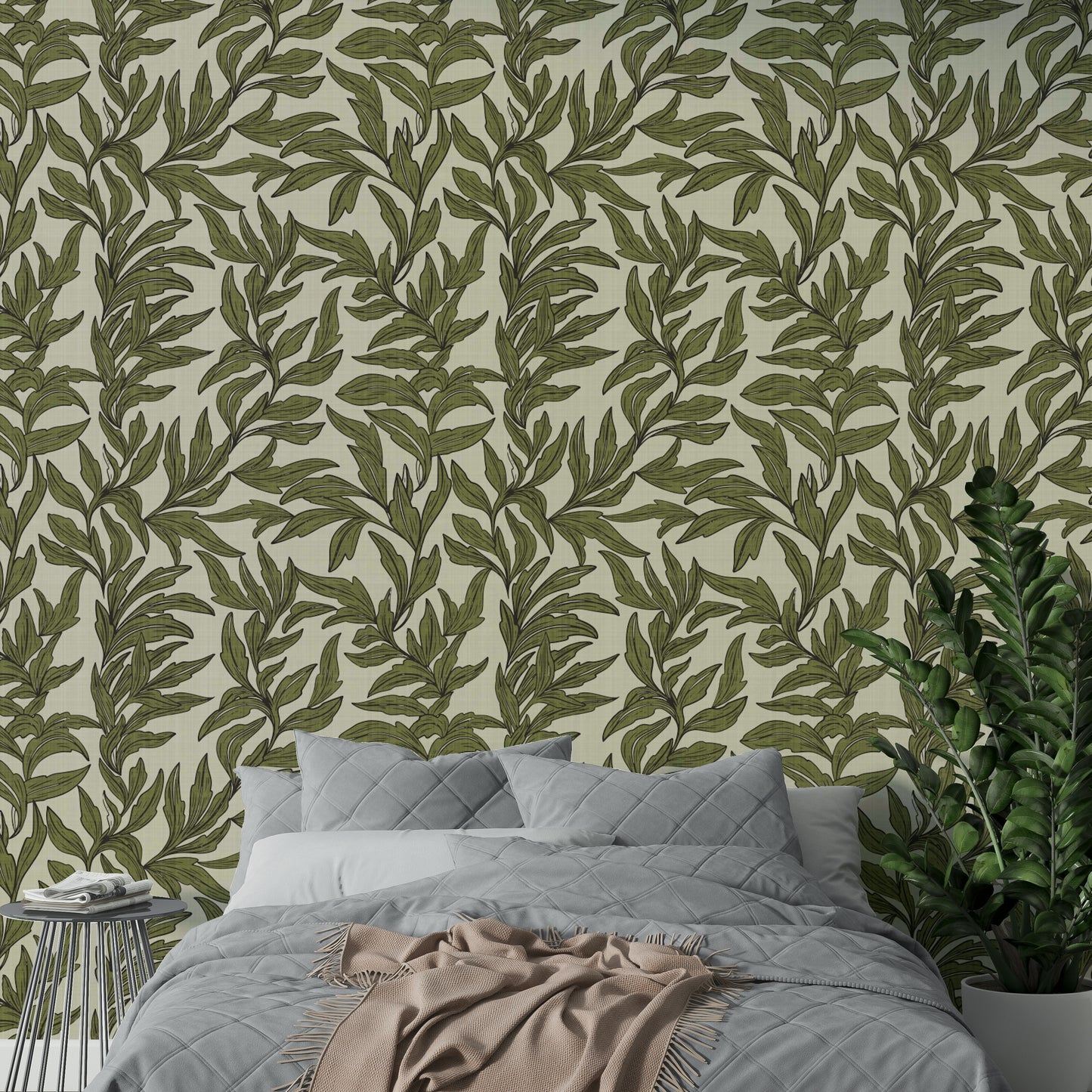 Soft botanical wallpaper with tactile surface

