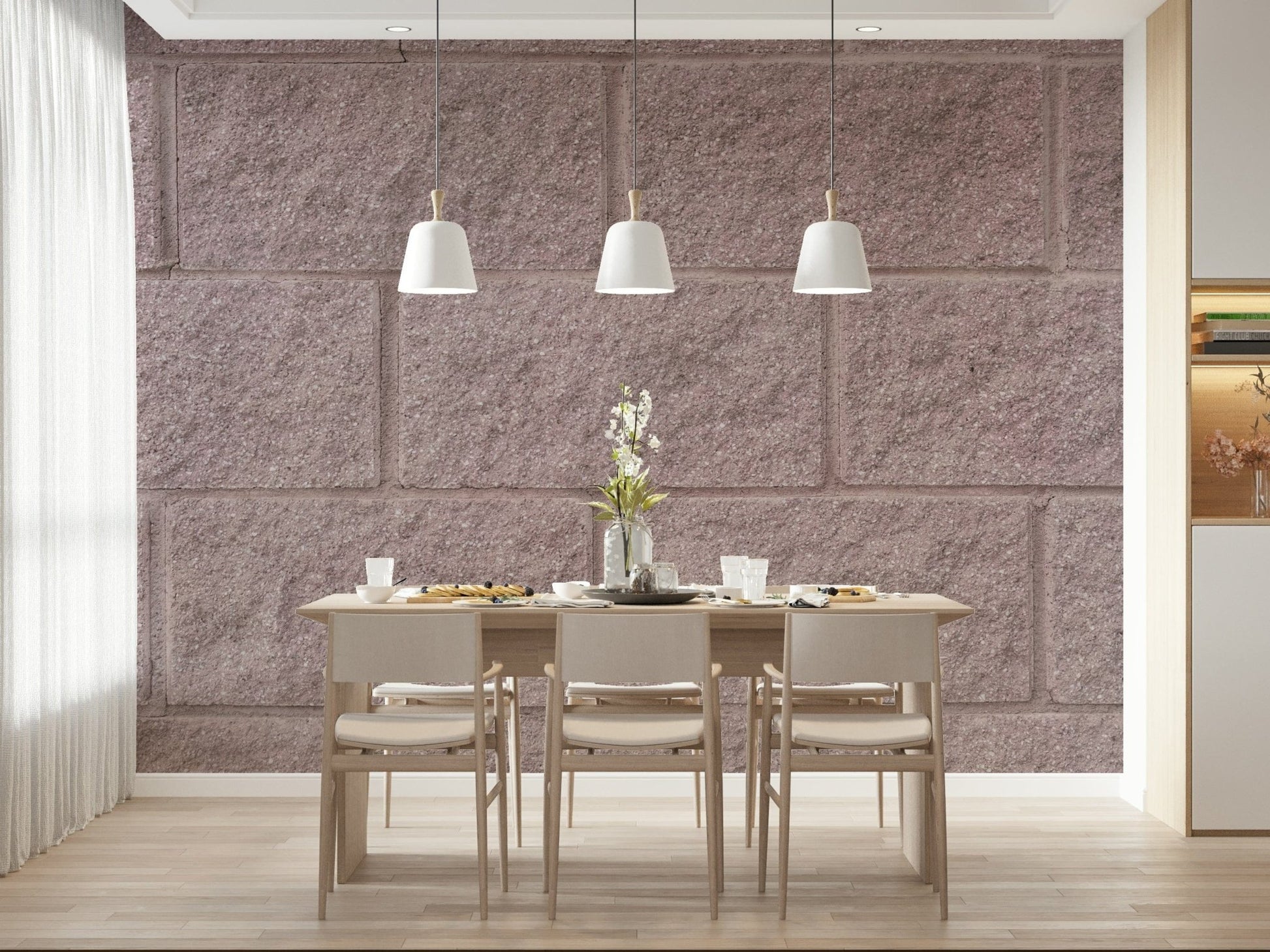 Textured wall mural of exposed brick adding depth to interiors