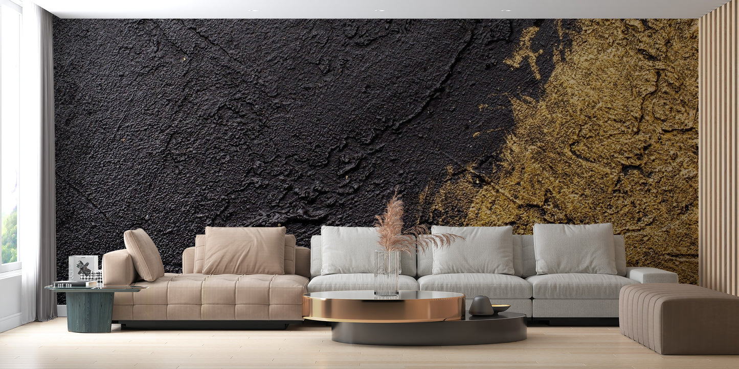 Intricate gold foil texture wallpaper with reflective light and dark tones.