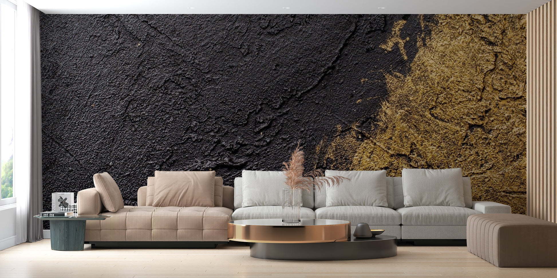 Intricate gold foil texture wallpaper with reflective light and dark tones.