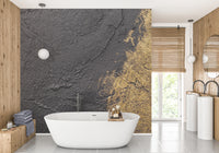 Dual tone gold bathroom wall mural depicting layered metallic palette knife strokes 