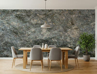 Textured Rock wallpaper mural in grey-green stone behind a wood dining table with grey chairs and a ficus tree
