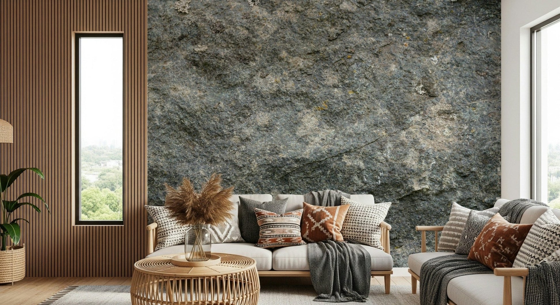 Textured Rock wallpaper mural in grey stone behind a rattan sofa with boho pillows and pampas grass by a slat wall