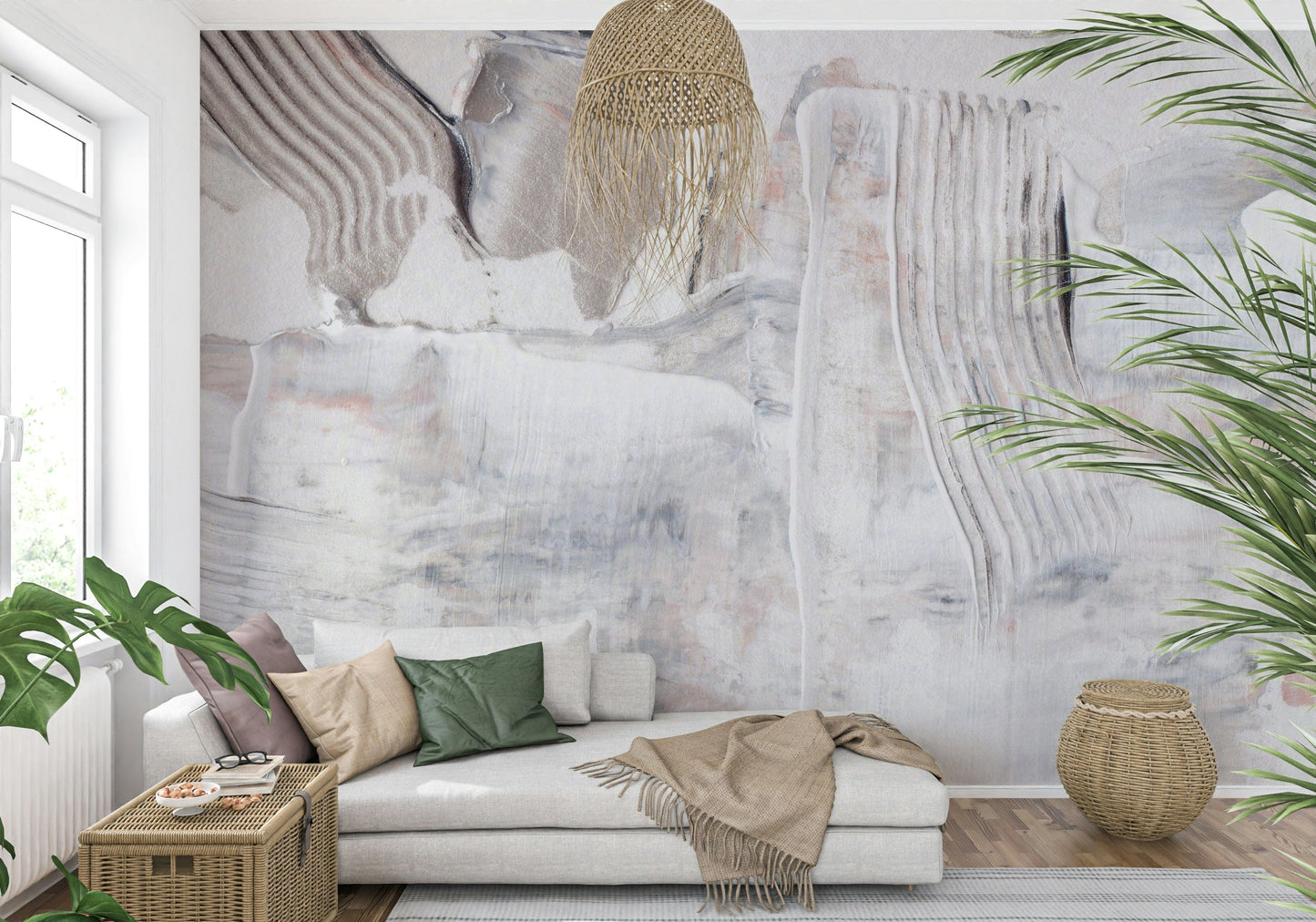 Modern wallpaper with a mix of textured patterns in calming, natural hues.