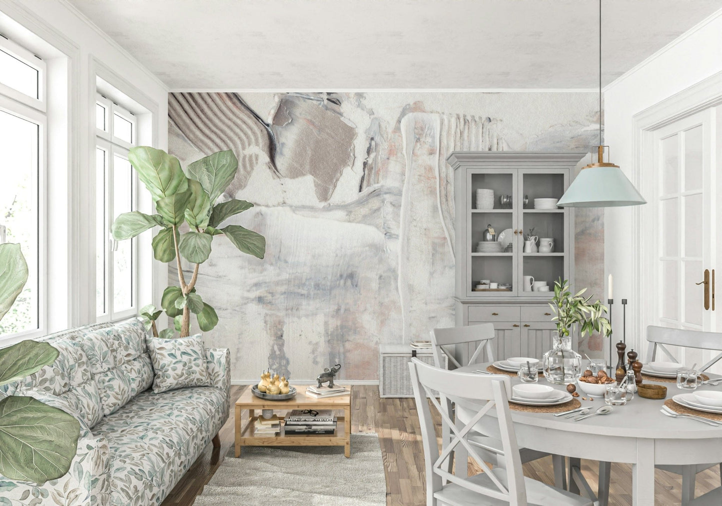 Decorative mural featuring gentle tonal variations and abstract surface effects.