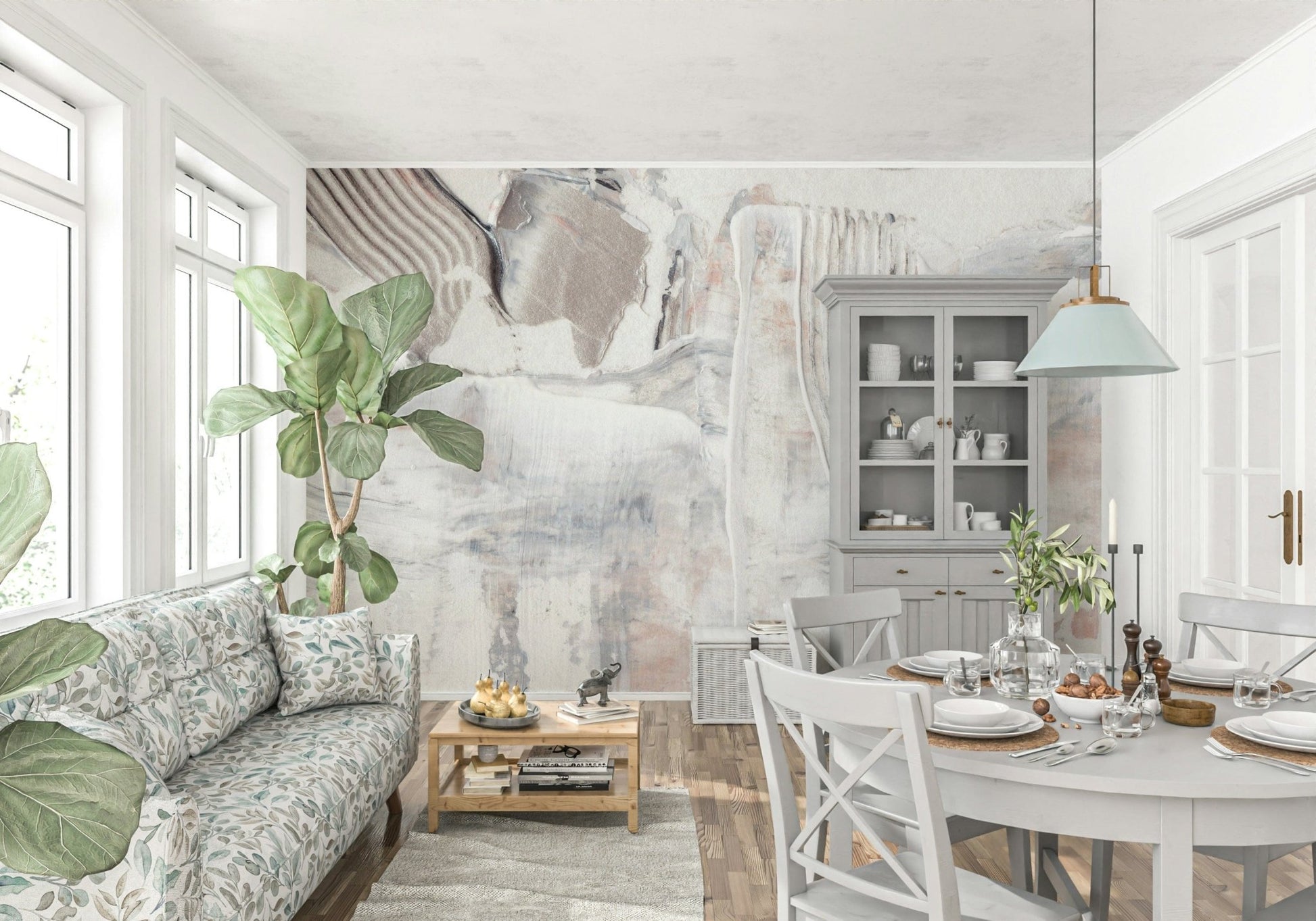 Decorative mural featuring gentle tonal variations and abstract surface effects.