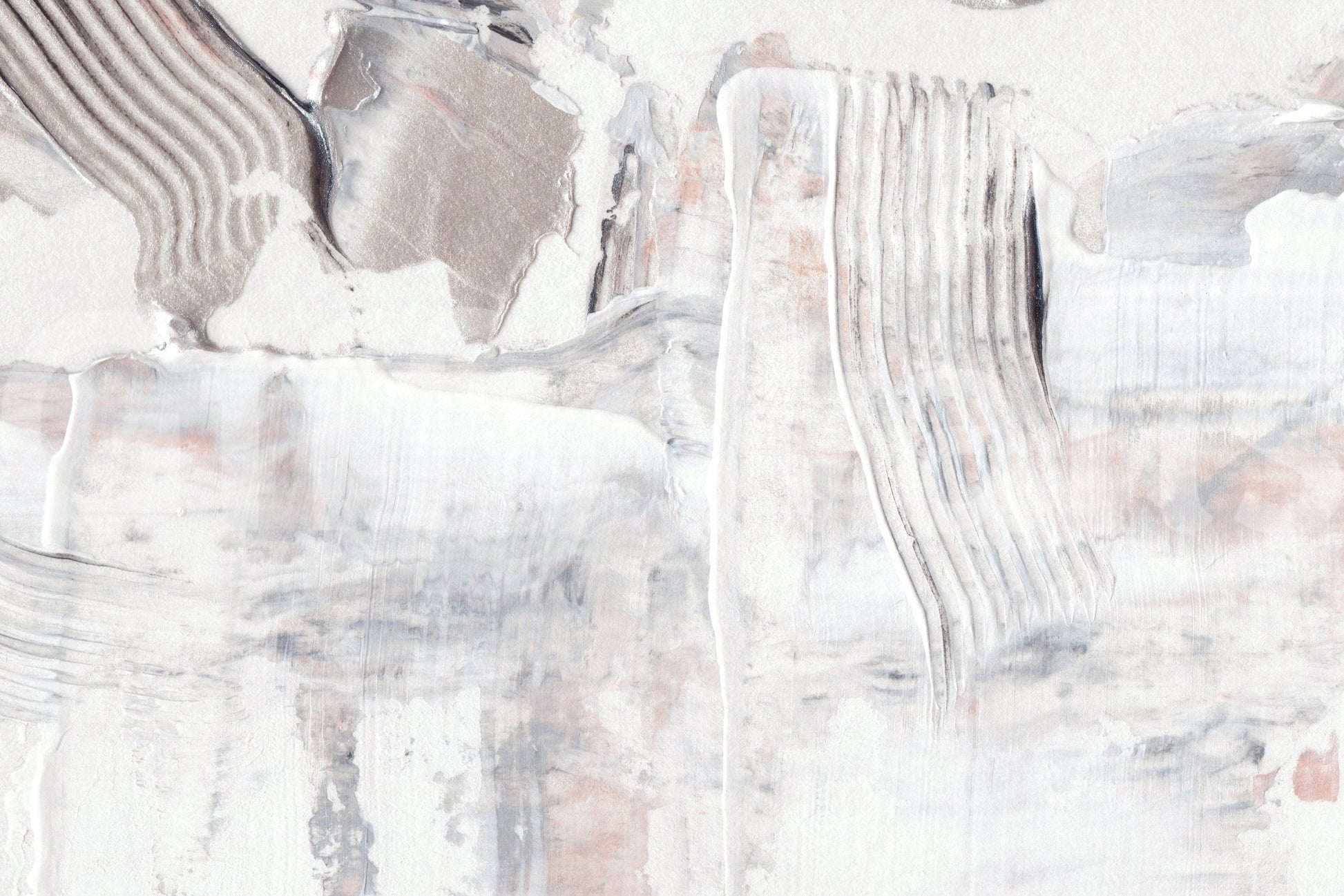 Textured Tones wallpaper mural close-up showing thick palette-knife plaster strokes in cream, soft grey and blush pink