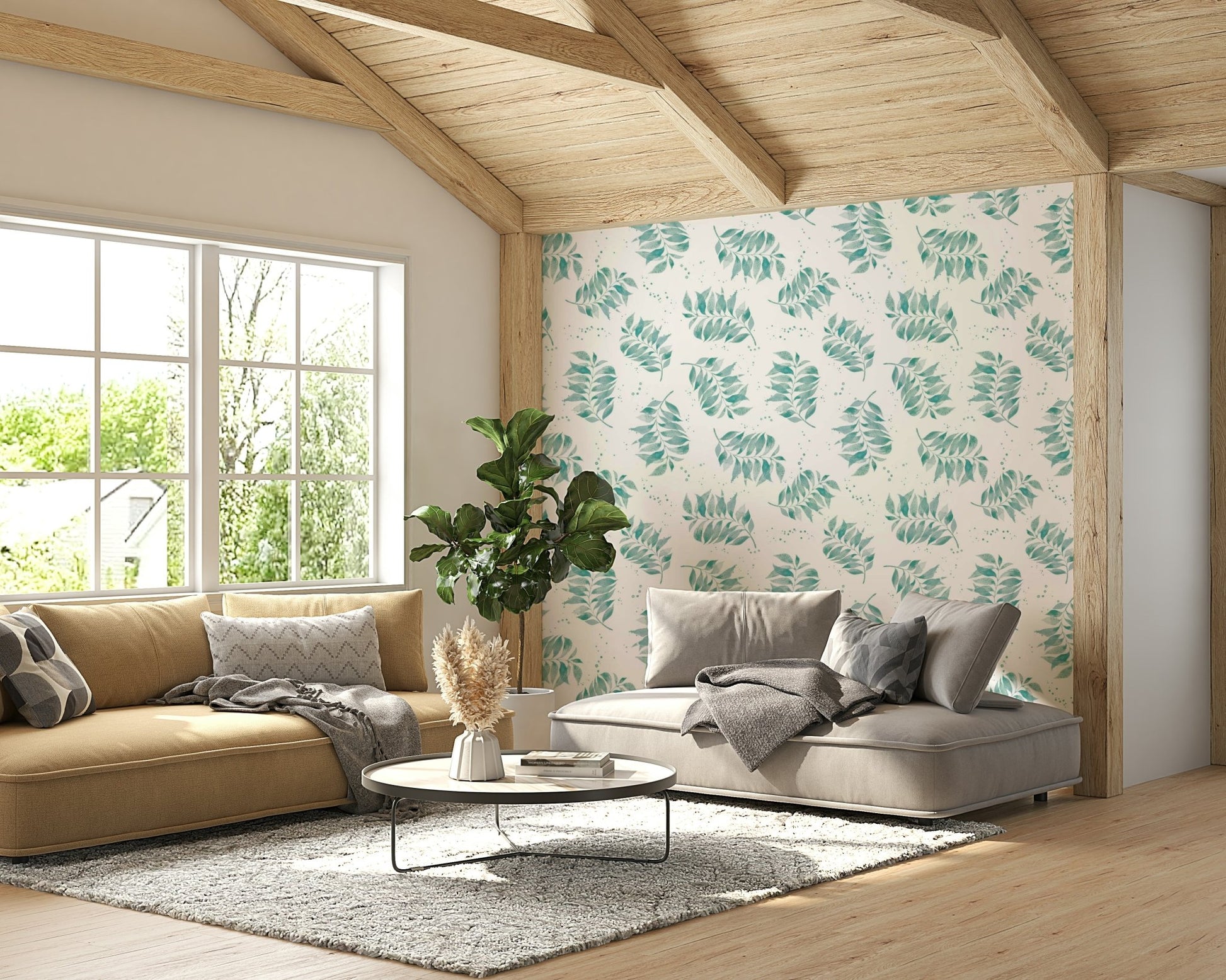 Watercolor-style tropical wallpaper in light blue-green

