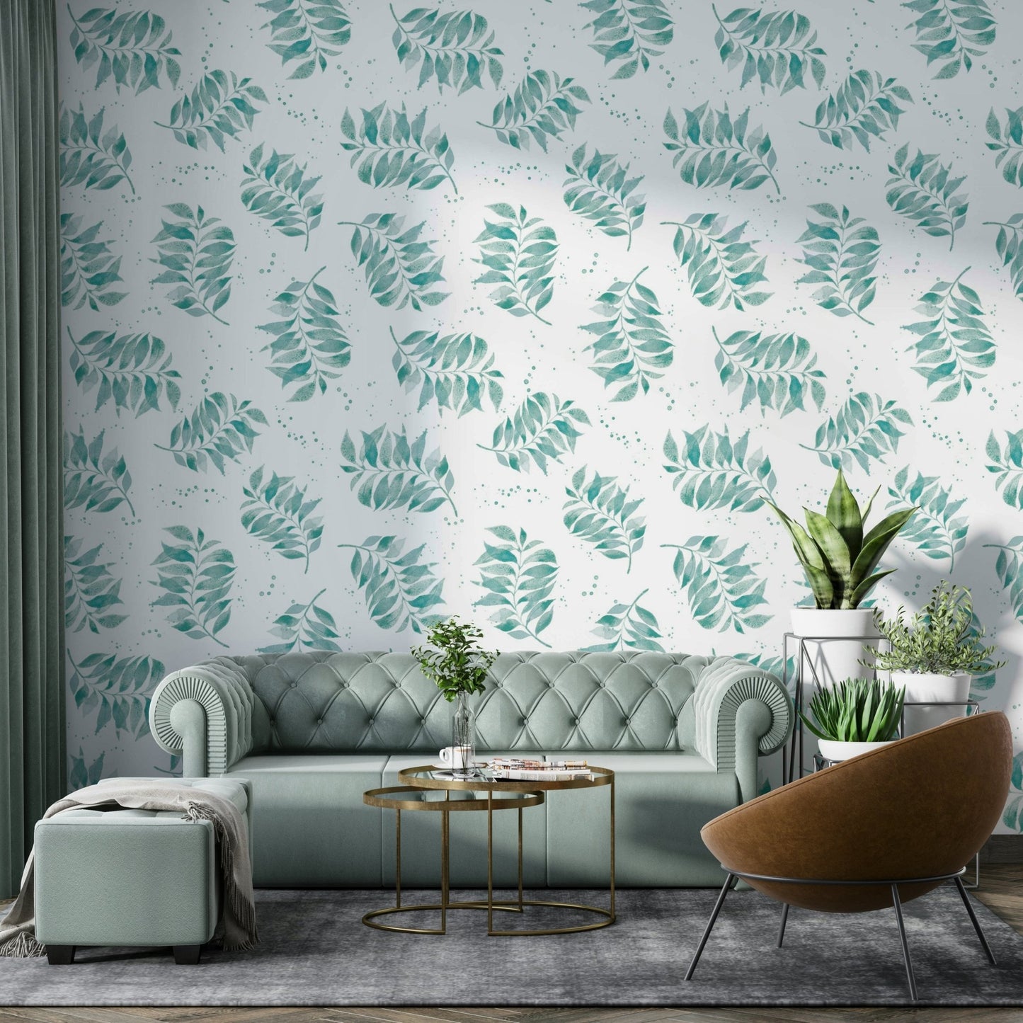 Aqua palm leaf wallpaper with soft artistic detail

