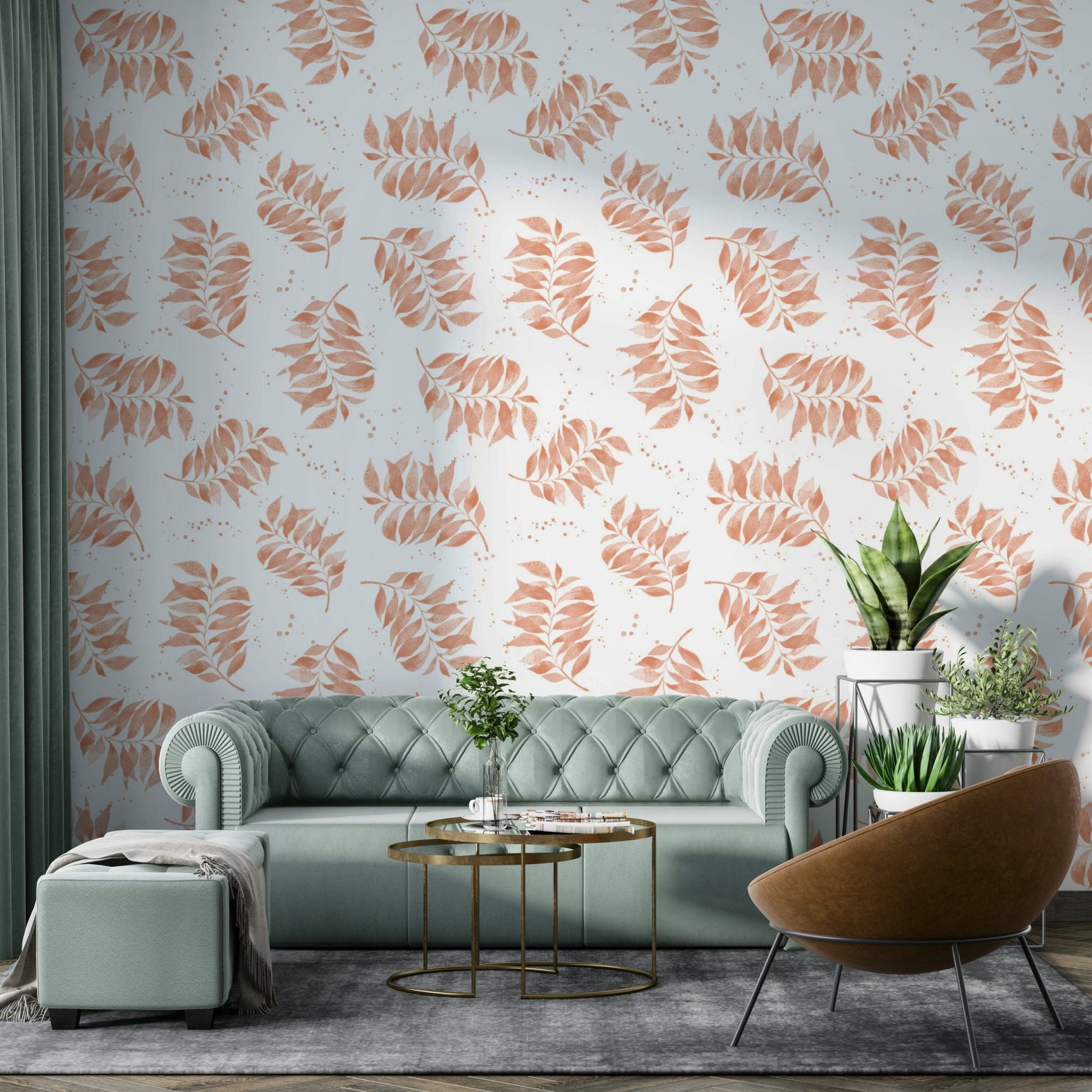 Palm leaf wallpaper for tropical, earthy interiors

