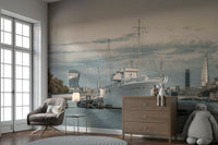 Wall mural with a muted, artistic color palette.

