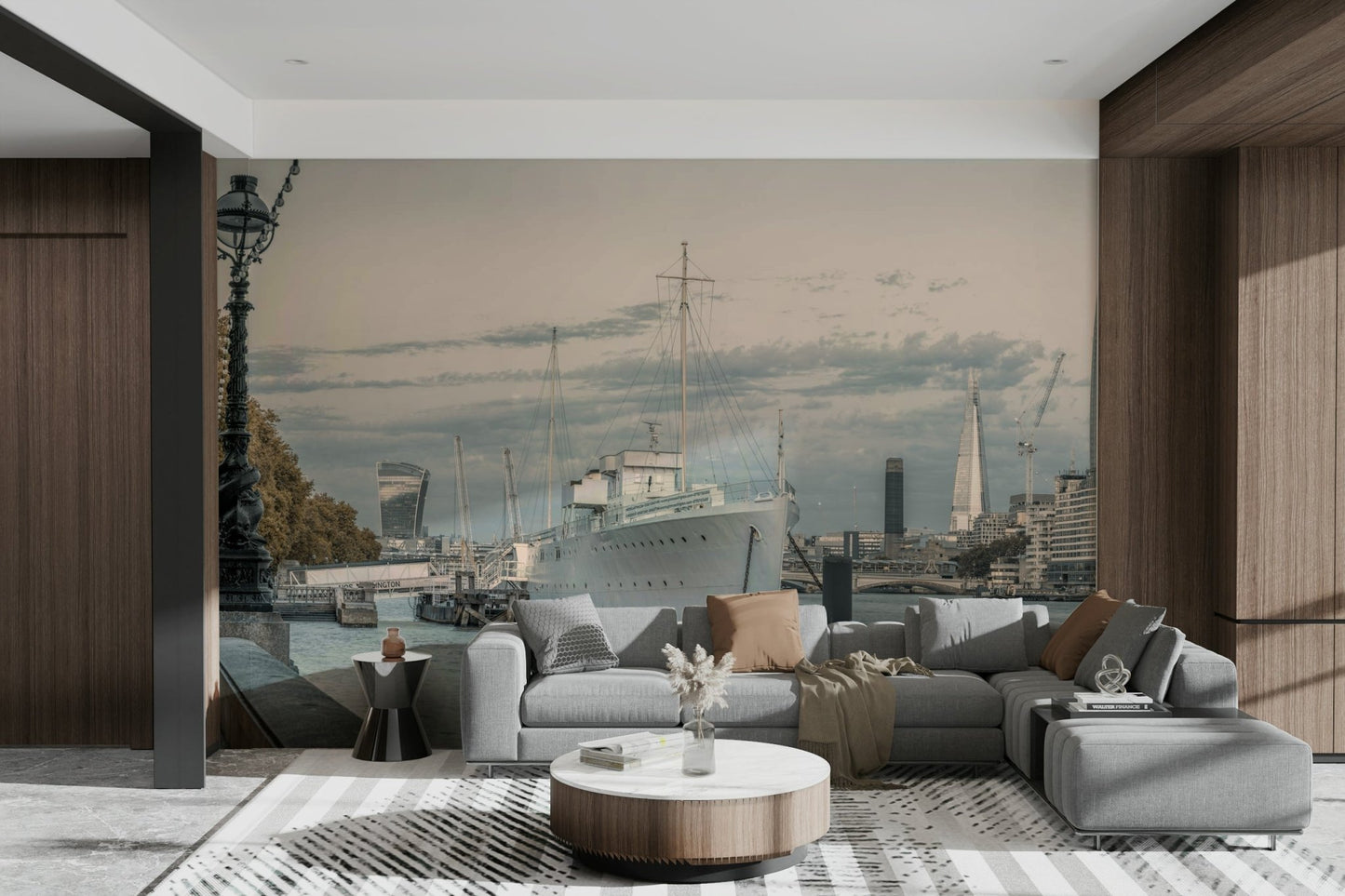 Wall mural featuring a large white ship on the river.

