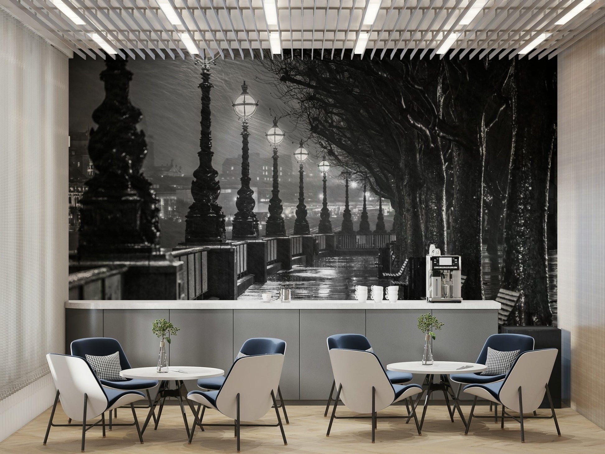 The print captures fine details of the light reflections on the wet ground.

