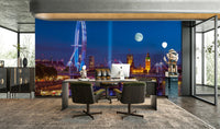 A wall mural featuring a peaceful, panoramic city view.

