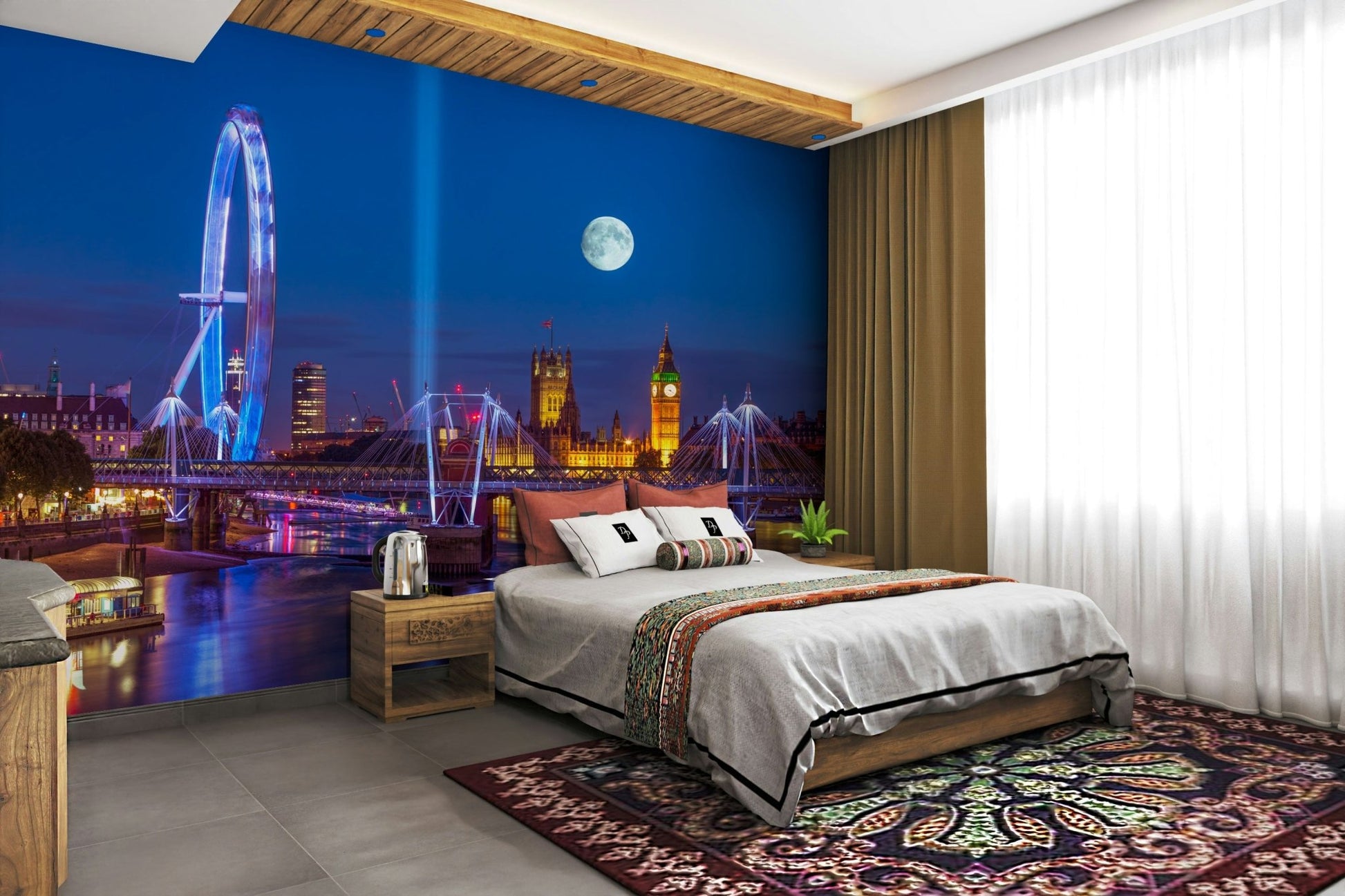 The image shows a full wall with the River Thames at twilight.

