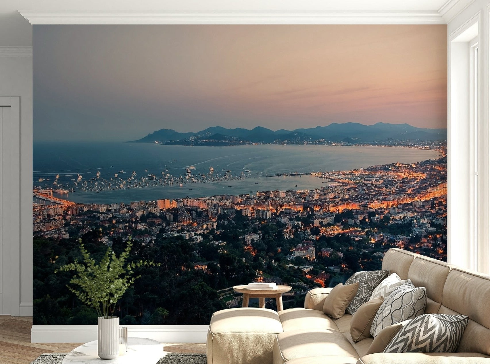 Bay of Cannes coastal mural with gentle clouds and peaceful nature view