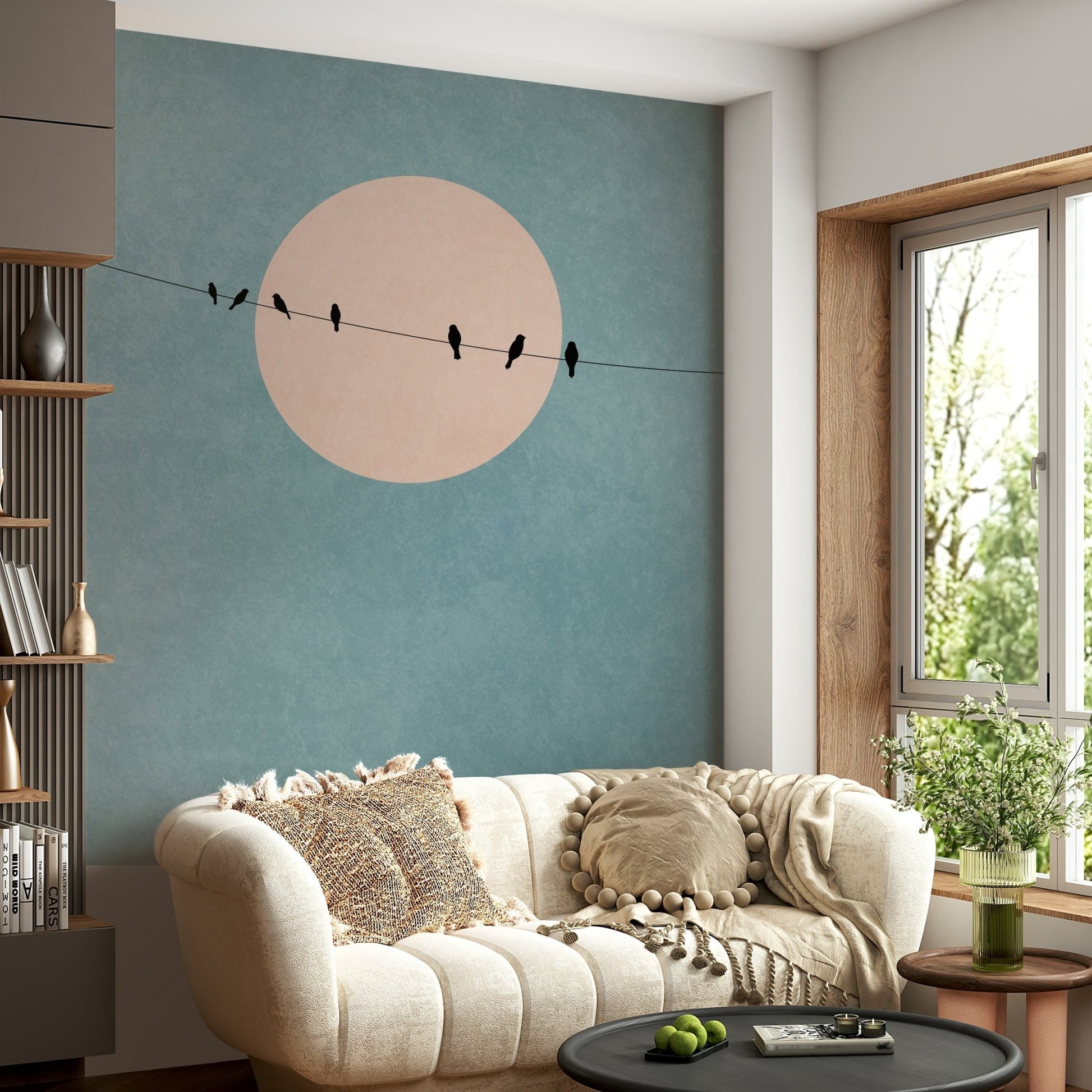 Features a minimalist landscape, abstract forms, or muted natural elements.
