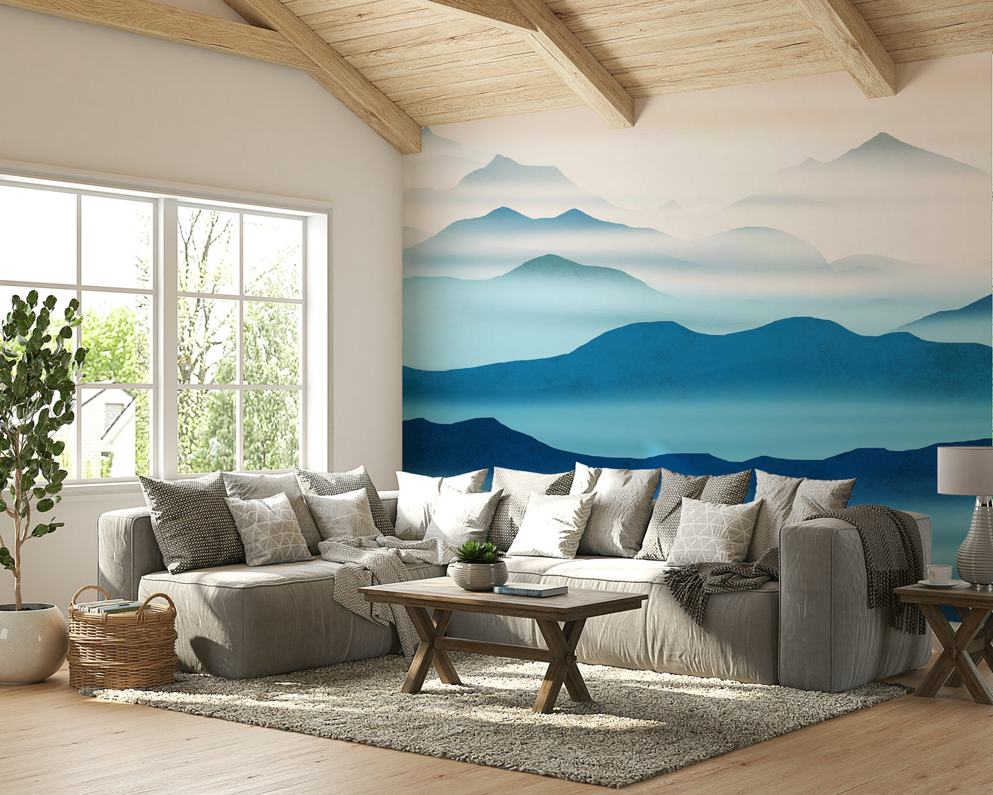 Calming cool-toned wall covering for a guest room with light wood furniture.