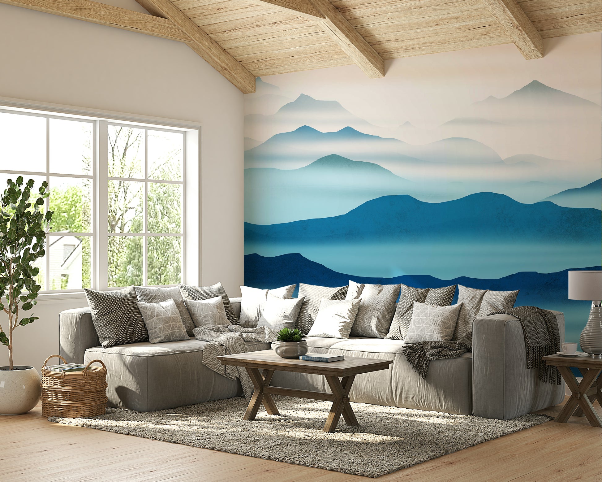 Calming cool-toned wall covering for a guest room with light wood furniture.
