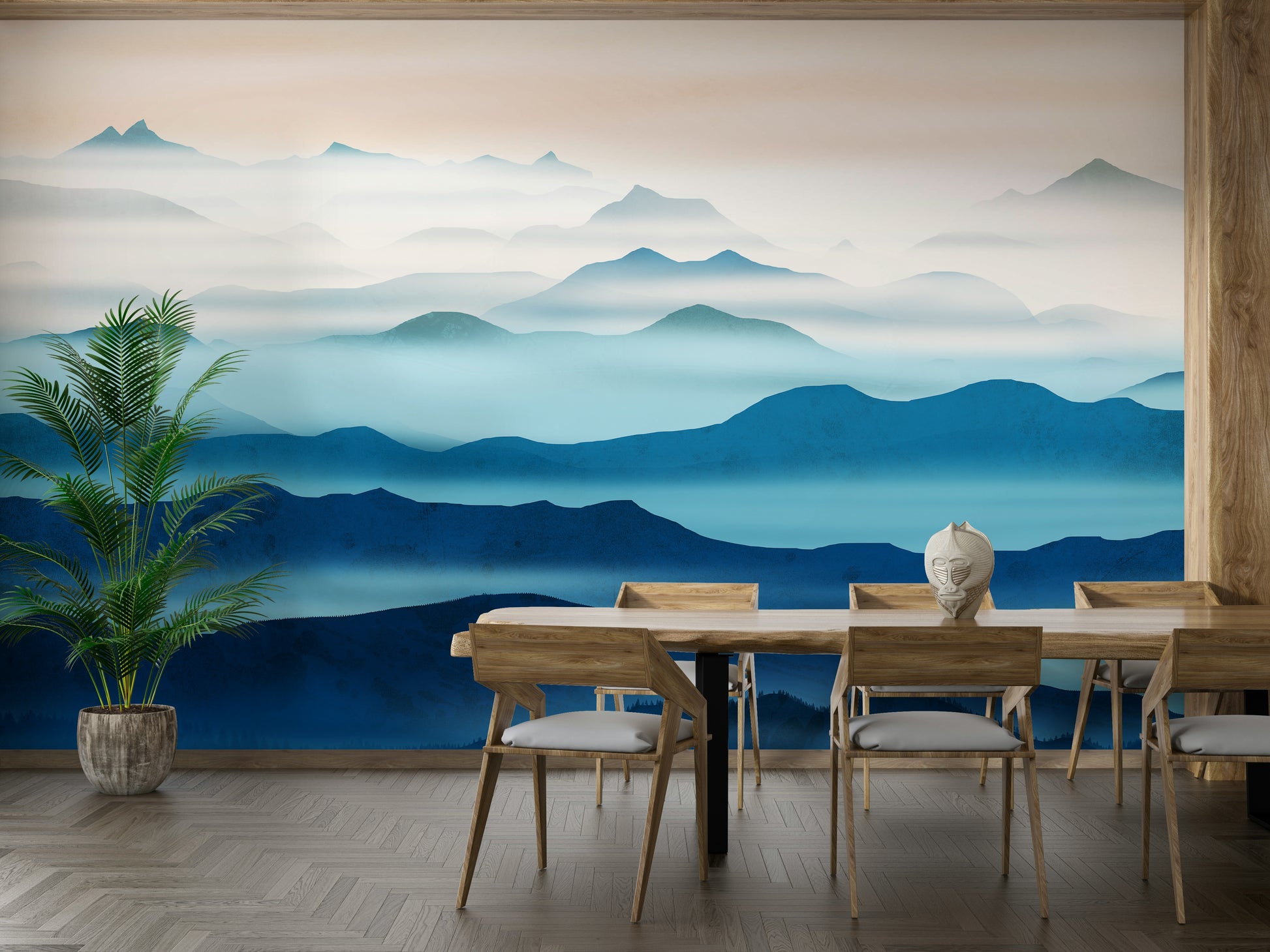 Muted blue valley wallpaper design suitable for a stylish renovation in a lounge.