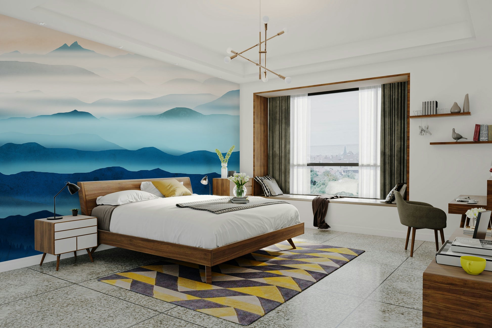 Detailed mountain silhouettes on a textured background for an elegant dining room.