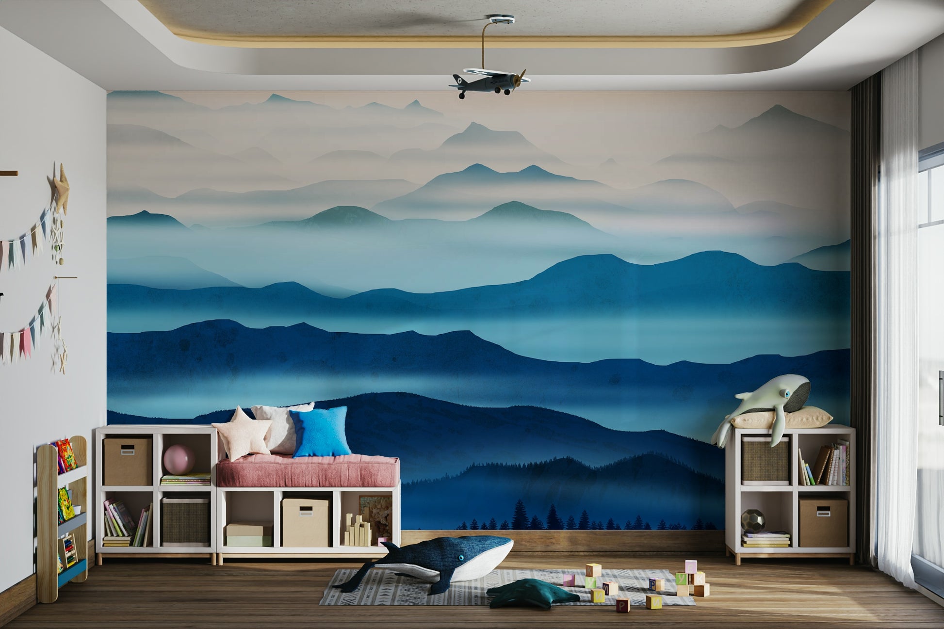Soft focus blue landscape print in a nursery with white accents and natural flooring.