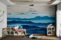 Soft focus blue landscape print in a nursery with white accents and natural flooring.