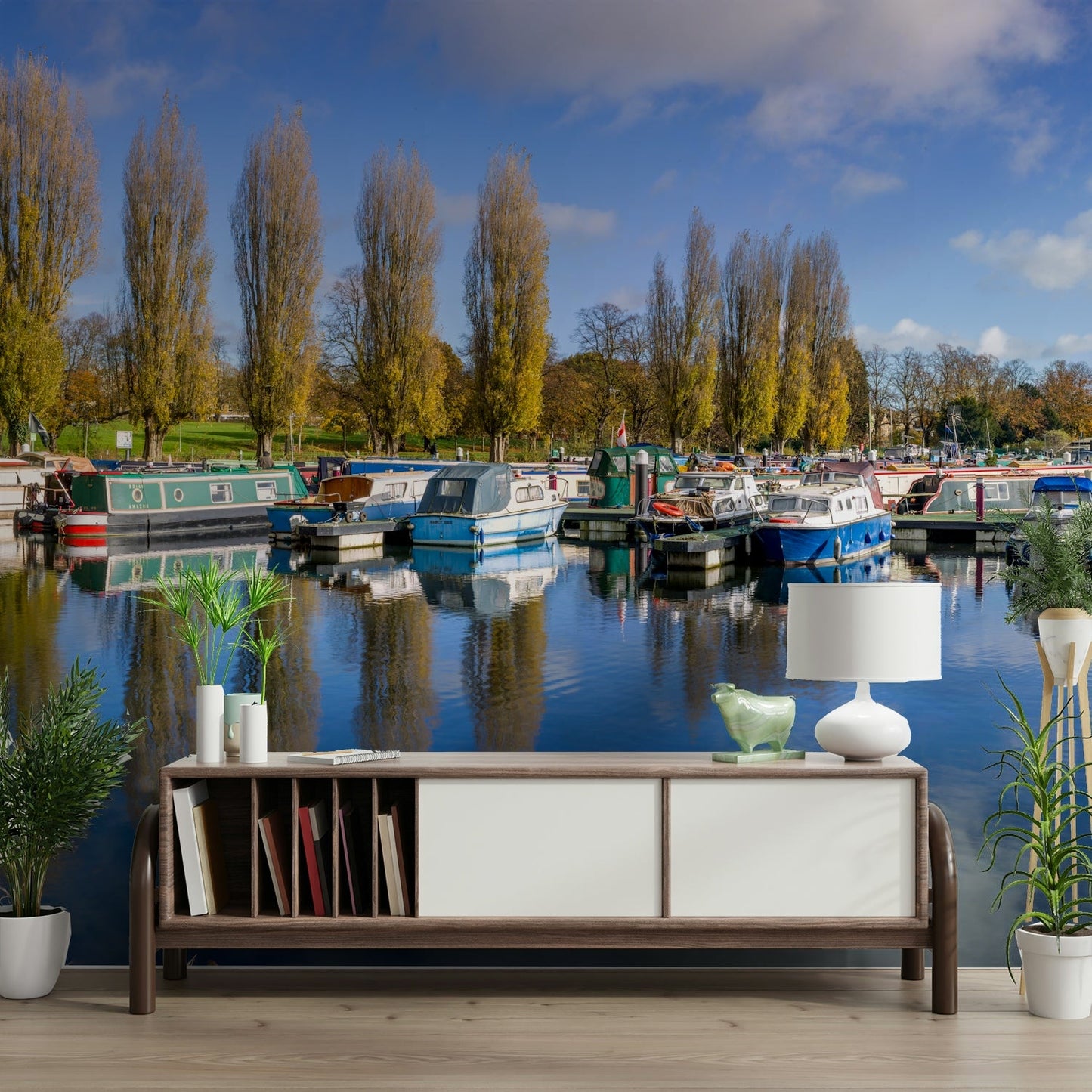 Boating marina wall mural with calm water reflections

