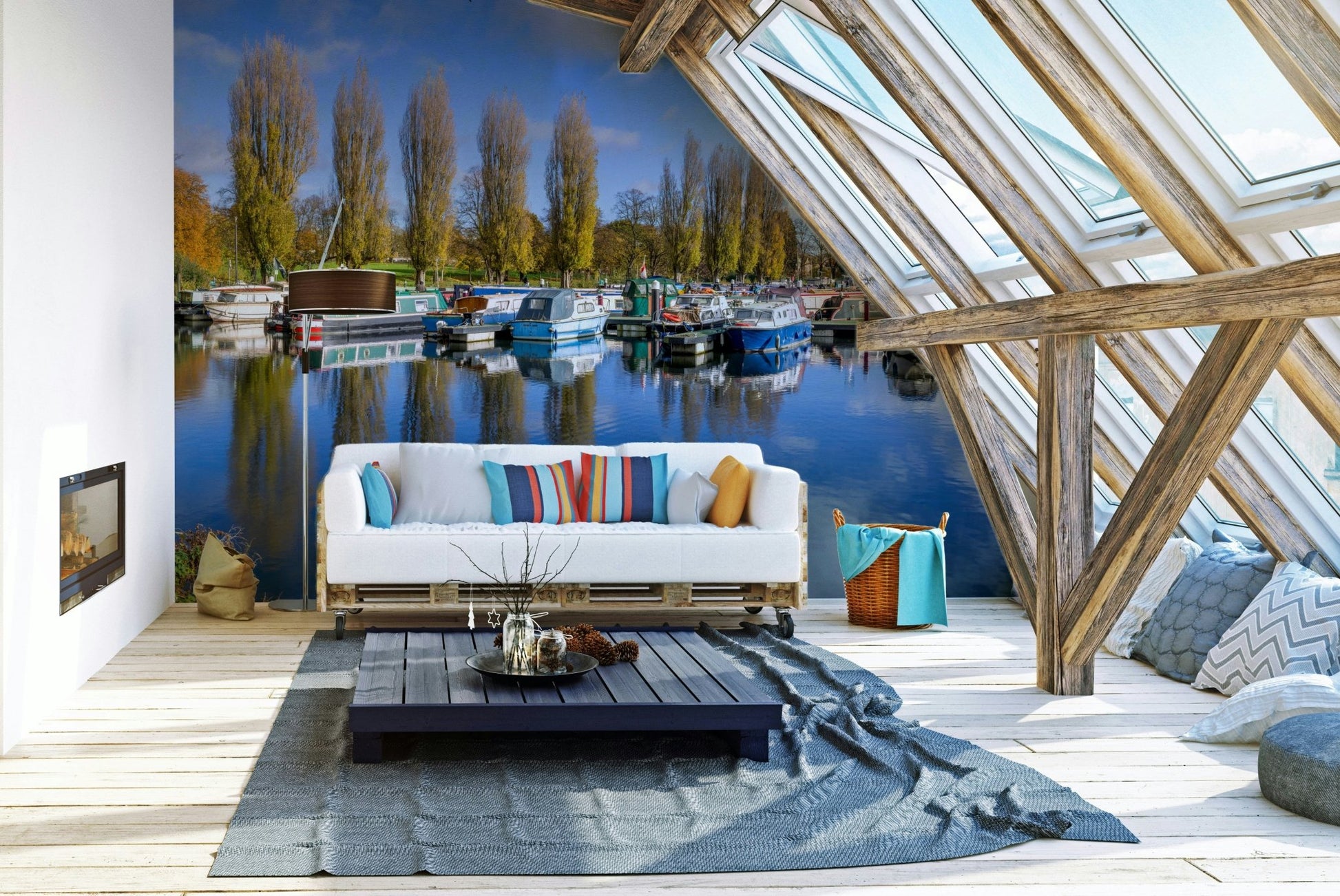 Blue water boating marina with moored vessels mural

