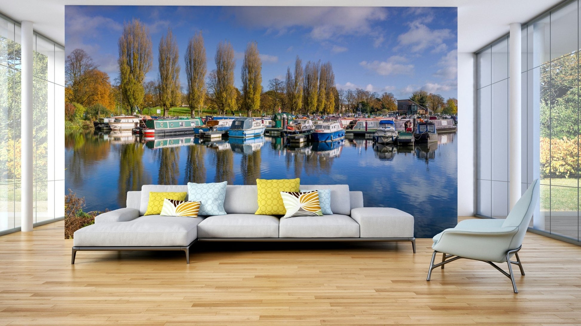 Wall mural of peaceful harbor scene with boats and trees

