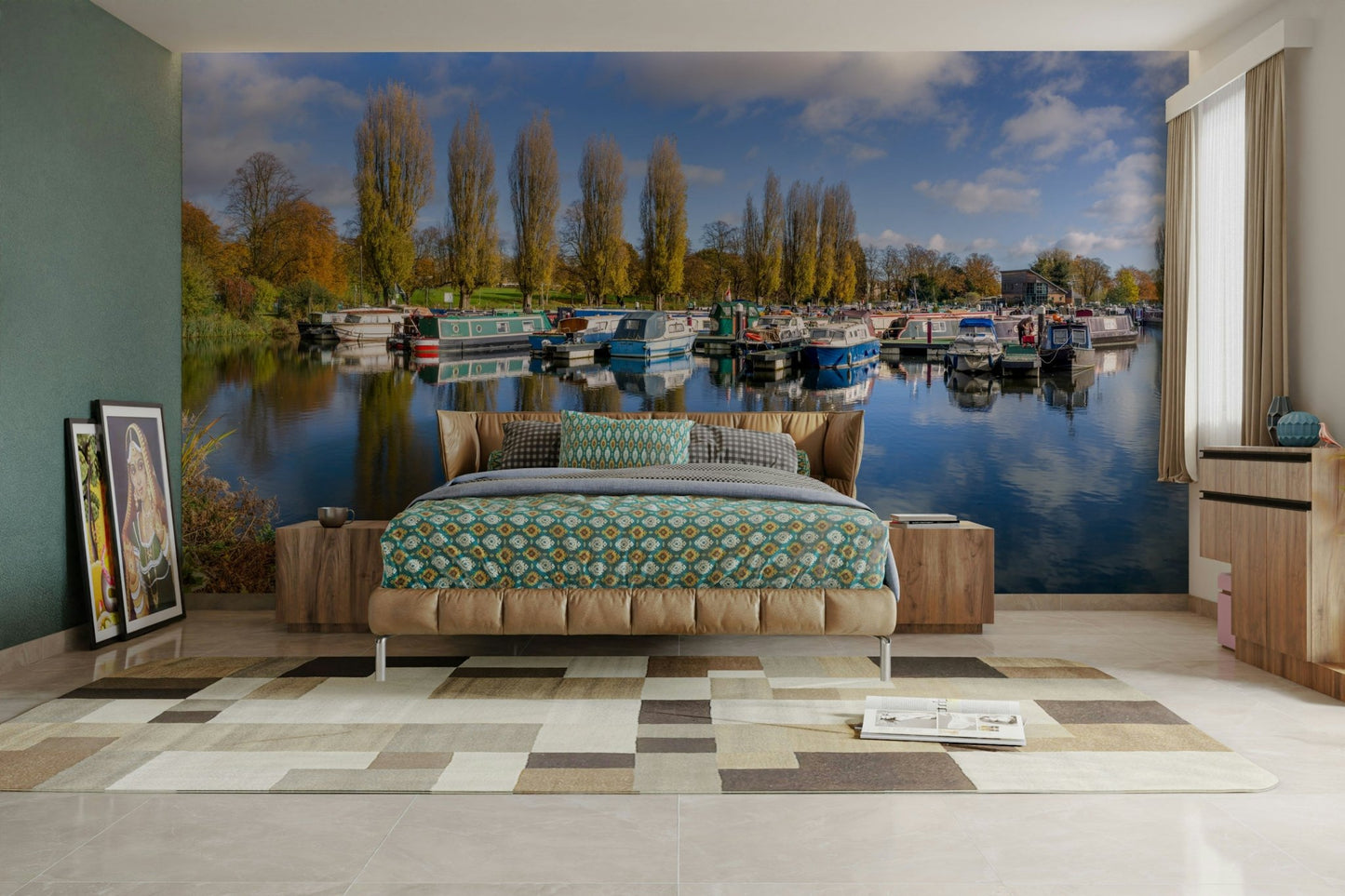 Scenic harbor mural featuring boats and tall trees

