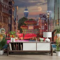 Red lanterns glowing along the street
