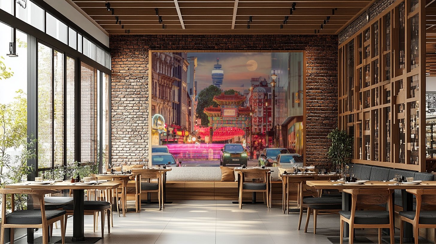 A busy street scene at dusk
