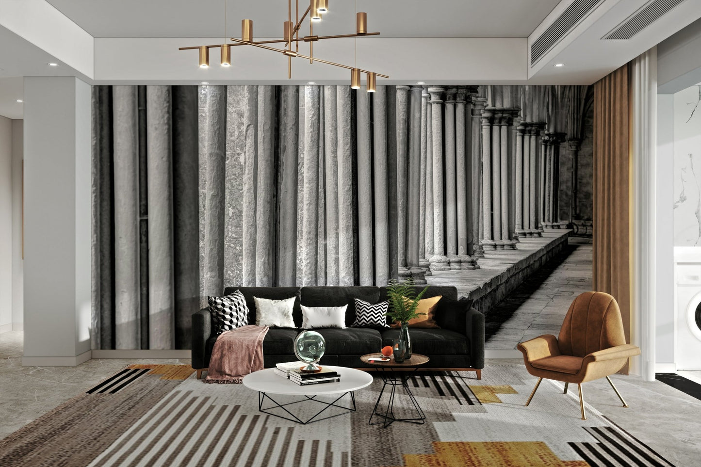 A wall mural of a cloister with columns and arches.

